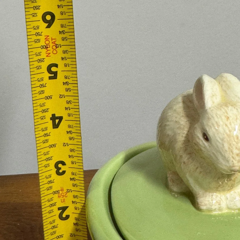 Ceramic Bunny Rabbit Trinket Dish Green Basket Weave Easter Candy Bowl Lid